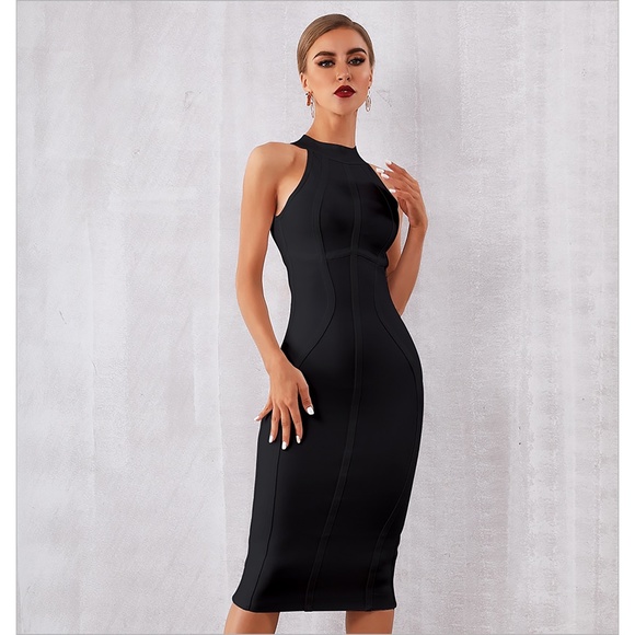 Nude Halter Bandage Bodycon Midi Cocktail Dress - Picture 4 of 11